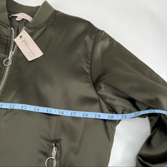 New Philosophy Rich Olive Green Satin 90s Zip-up Preppy College Bomber Jacket - Picture 14 of 16
